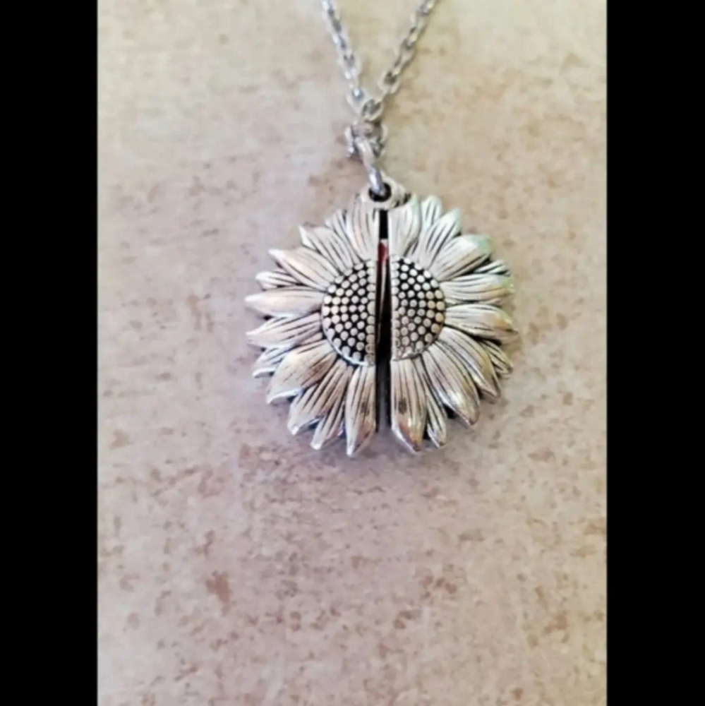 New silver tone Sunflower ladybug locket necklace
